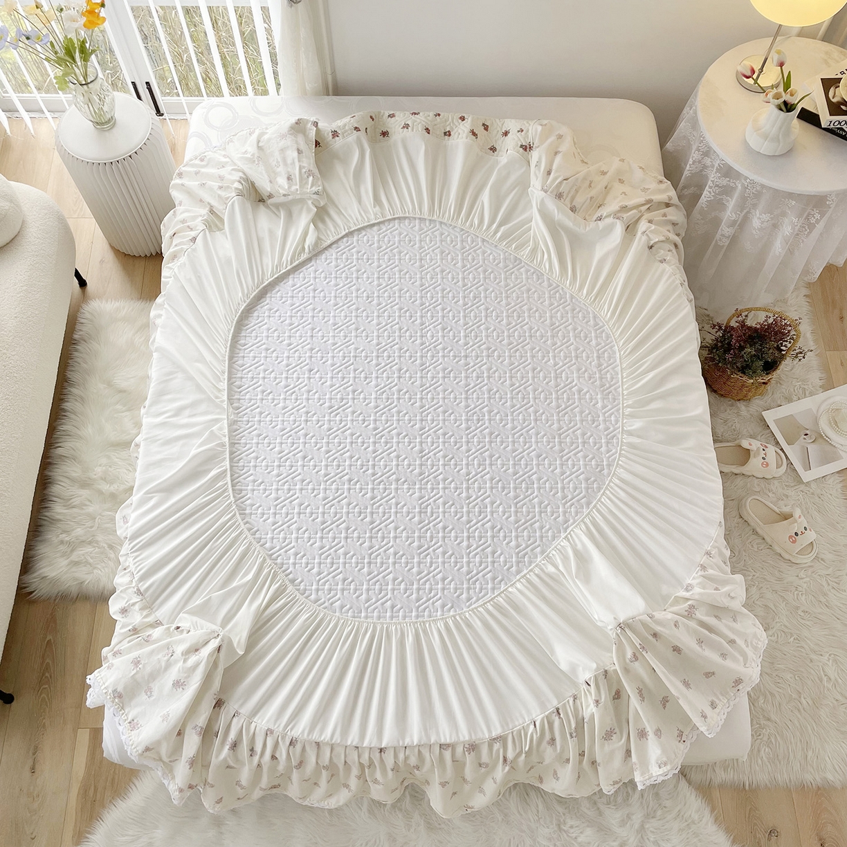 91家纺网 家纺一手货源 找家纺 忘忧草 2026新款13372全棉夹棉款床笠式床裙 5如愿