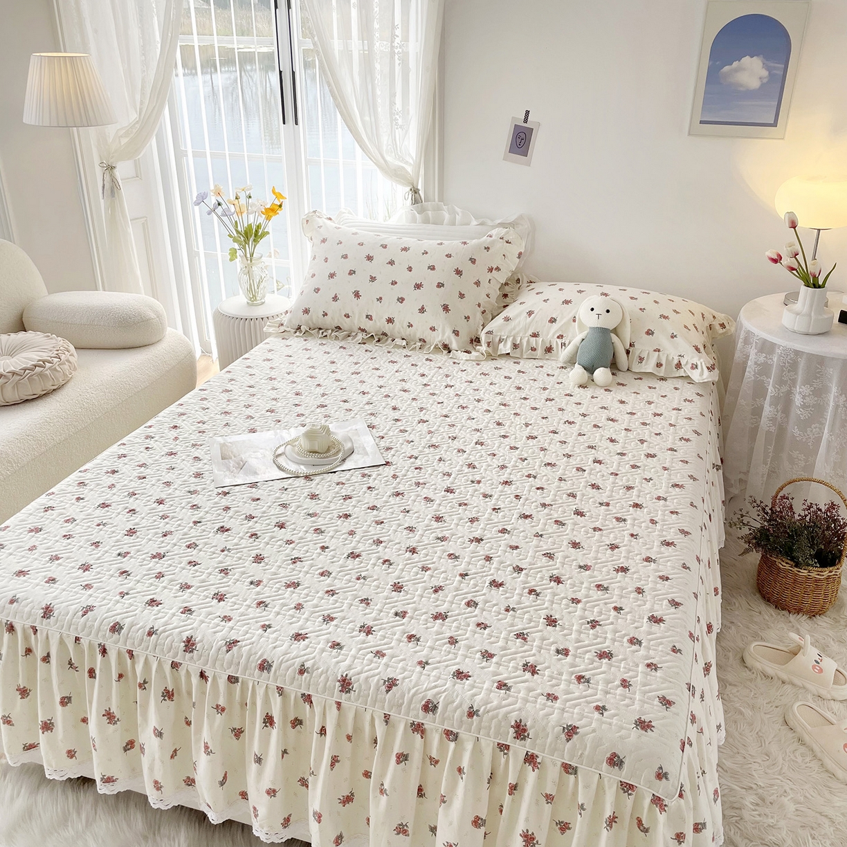 91家纺网 家纺一手货源 找家纺 忘忧草 2026新款13372全棉夹棉款床笠式床裙 5如愿