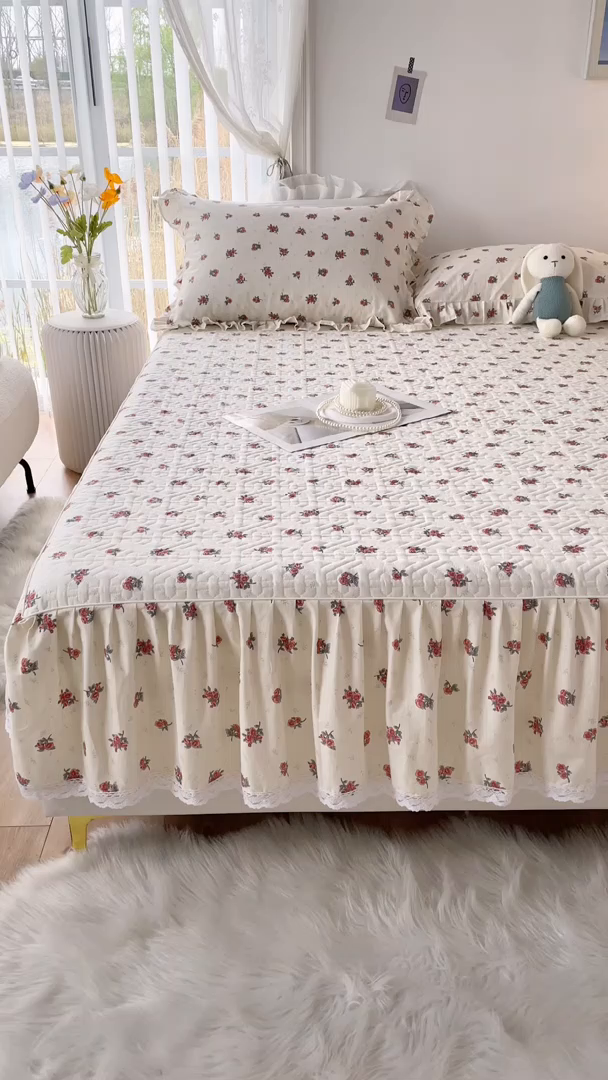 91家纺网 家纺一手货源 找家纺 忘忧草 2026新款13372全棉夹棉款床笠式床裙 5如愿