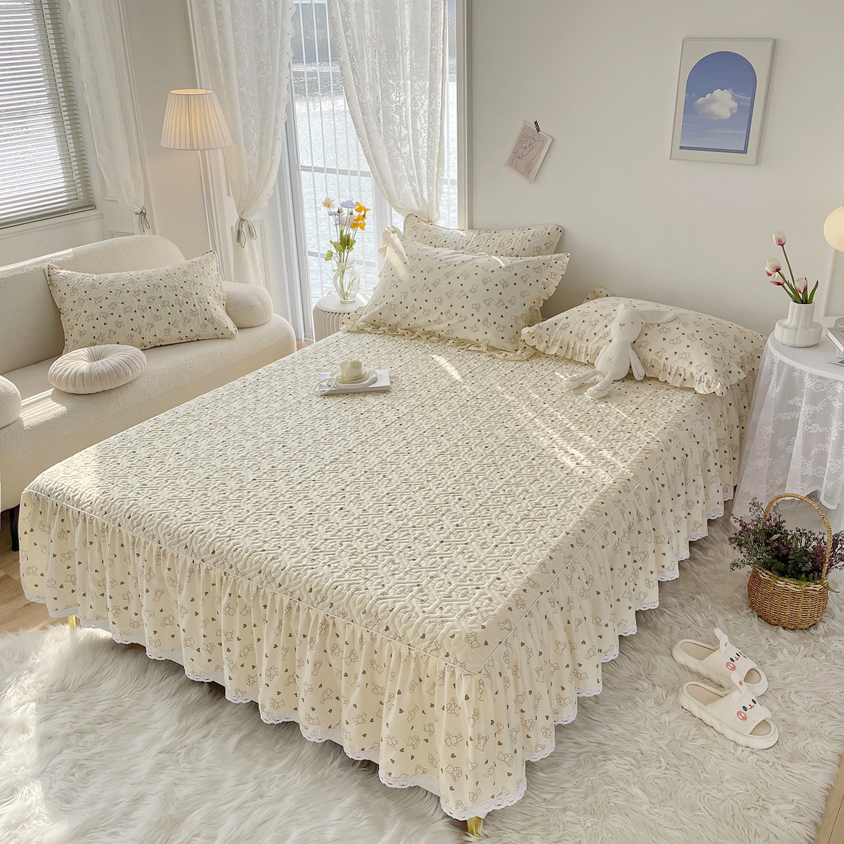 91家纺网 家纺一手货源 找家纺 忘忧草 2026新款13372全棉夹棉款床笠式床裙 6贝贝熊