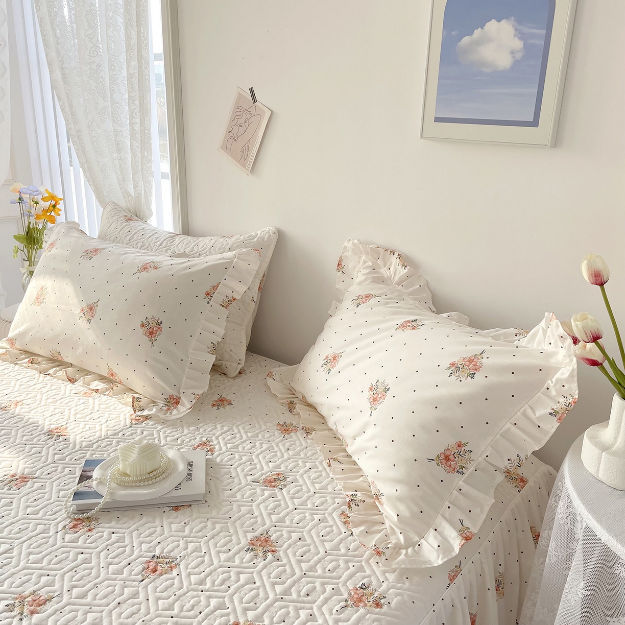 91家纺网 家纺一手货源 找家纺 忘忧草 2026新款13372全棉夹棉款床笠式床裙 7花簇-米