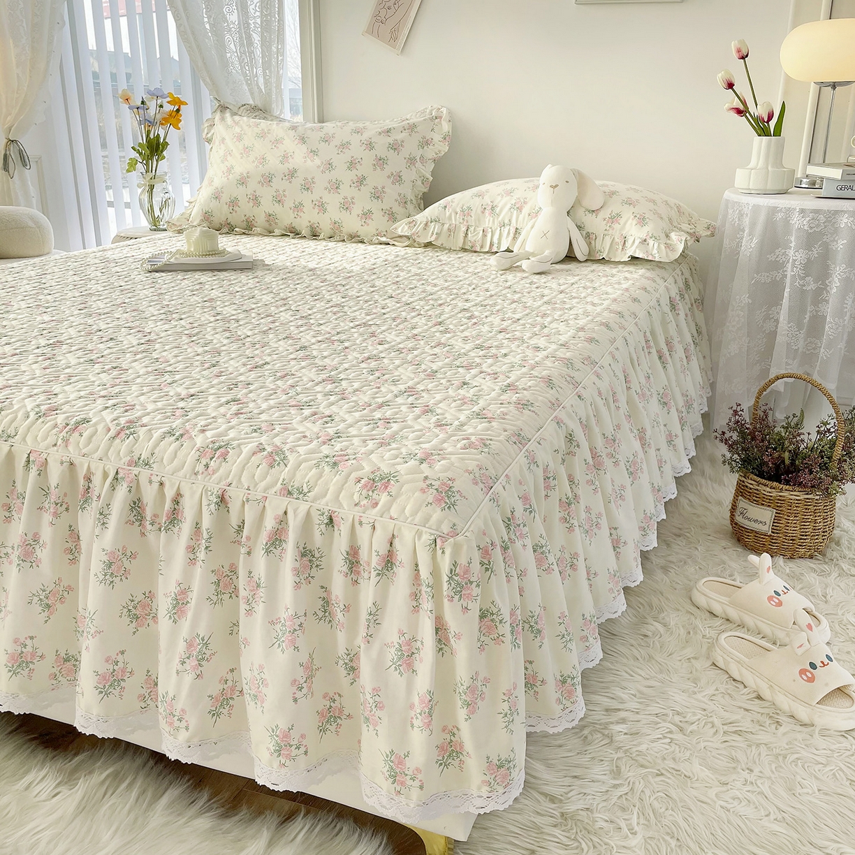 91家纺网 家纺一手货源 找家纺 忘忧草 2026新款13372全棉夹棉款床笠式床裙 9少女心