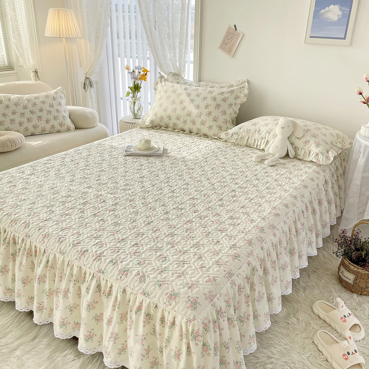 91家纺网 家纺一手货源 找家纺 忘忧草 2026新款13372全棉夹棉款床笠式床裙 9少女心