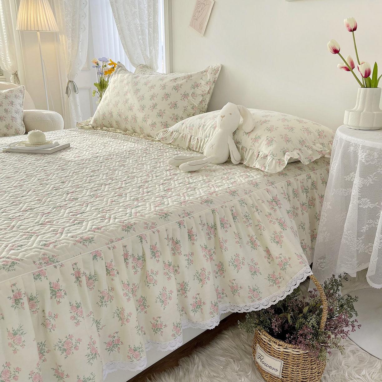 91家纺网 家纺一手货源 找家纺 忘忧草 2026新款13372全棉夹棉款床笠式床裙 9少女心