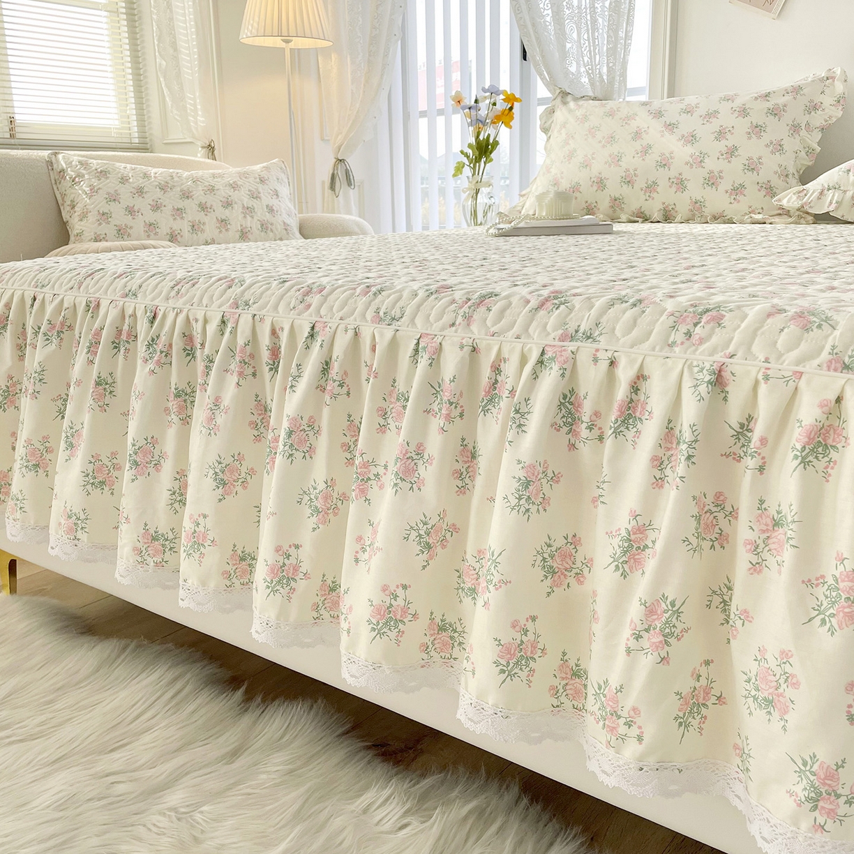 91家纺网 家纺一手货源 找家纺 忘忧草 2026新款13372全棉夹棉款床笠式床裙 9少女心