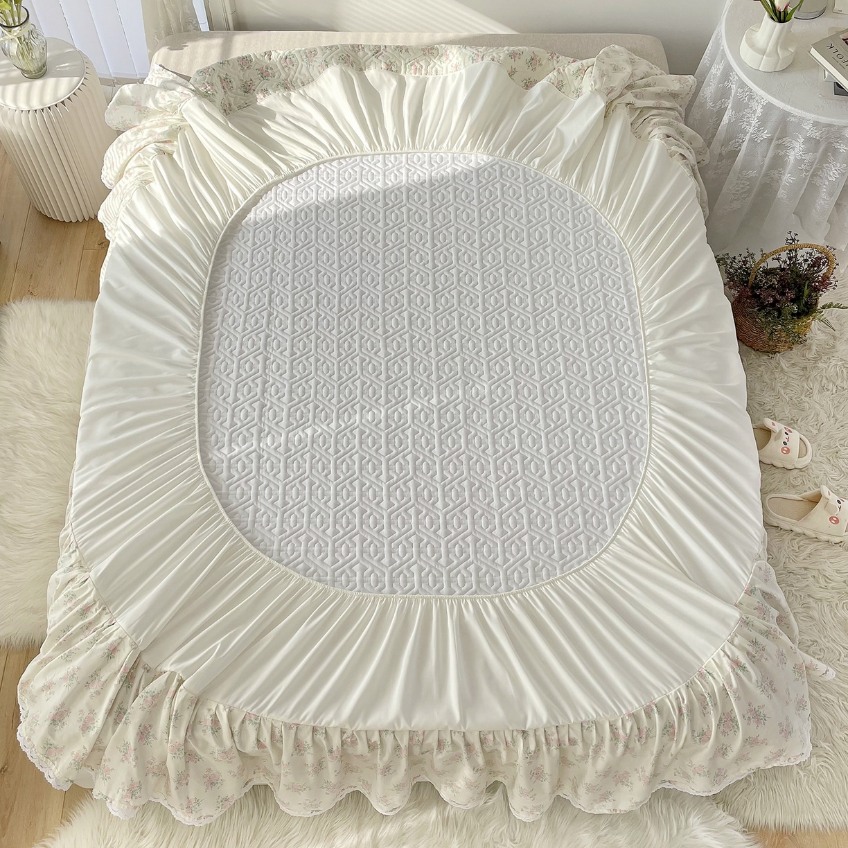 91家纺网 家纺一手货源 找家纺 忘忧草 2026新款13372全棉夹棉款床笠式床裙 9少女心