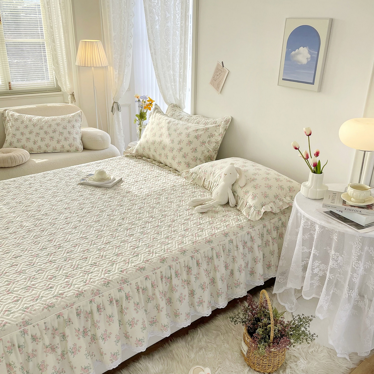 91家纺网 家纺一手货源 找家纺 忘忧草 2026新款13372全棉夹棉款床笠式床裙 9少女心