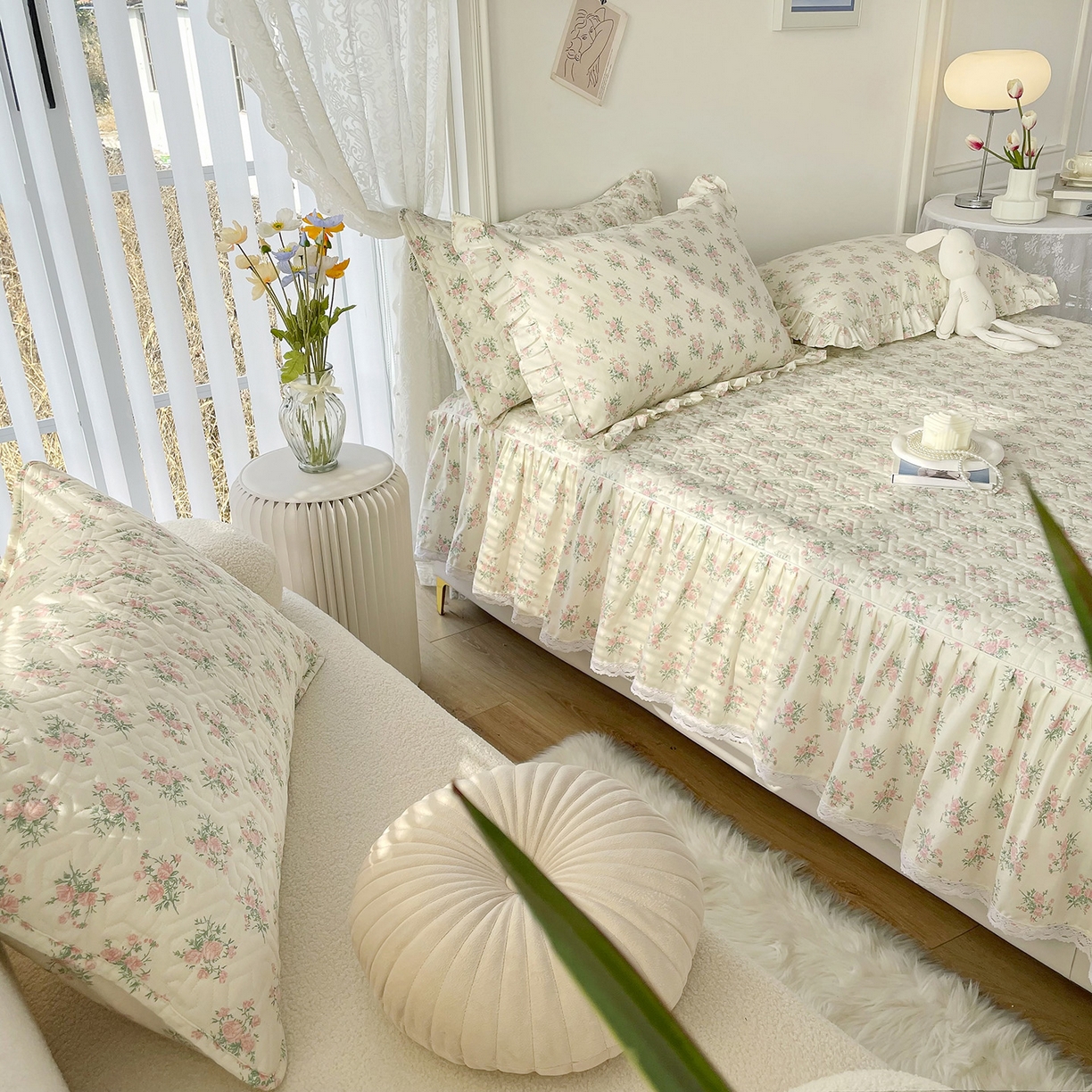 91家纺网 家纺一手货源 找家纺 忘忧草 2026新款13372全棉夹棉款床笠式床裙 9少女心