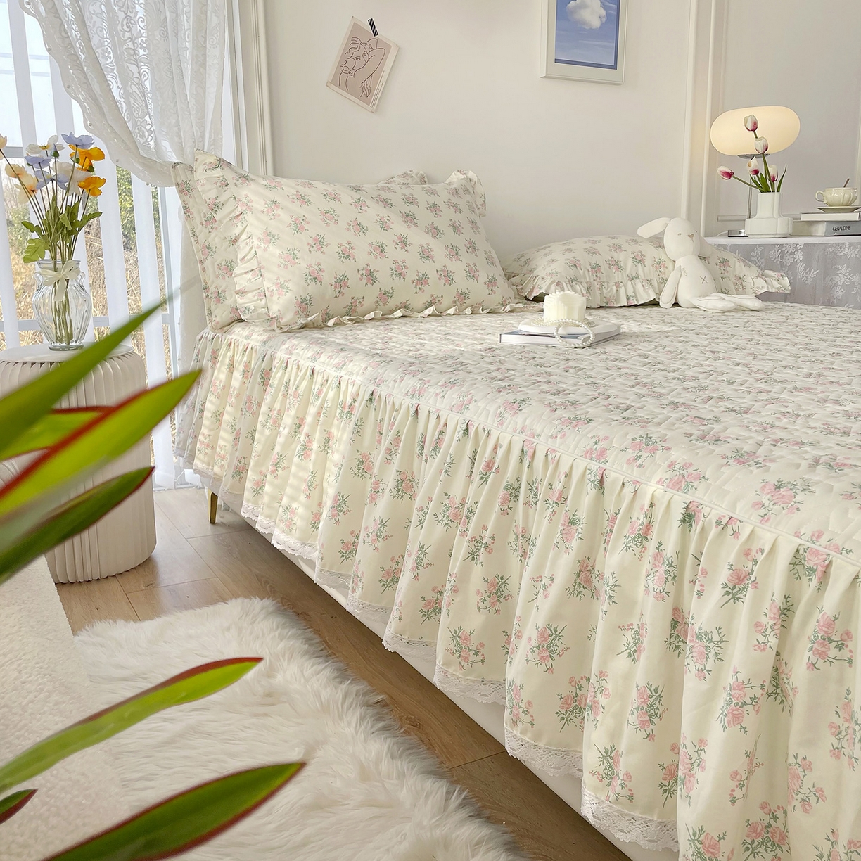 91家纺网 家纺一手货源 找家纺 忘忧草 2026新款13372全棉夹棉款床笠式床裙 9少女心