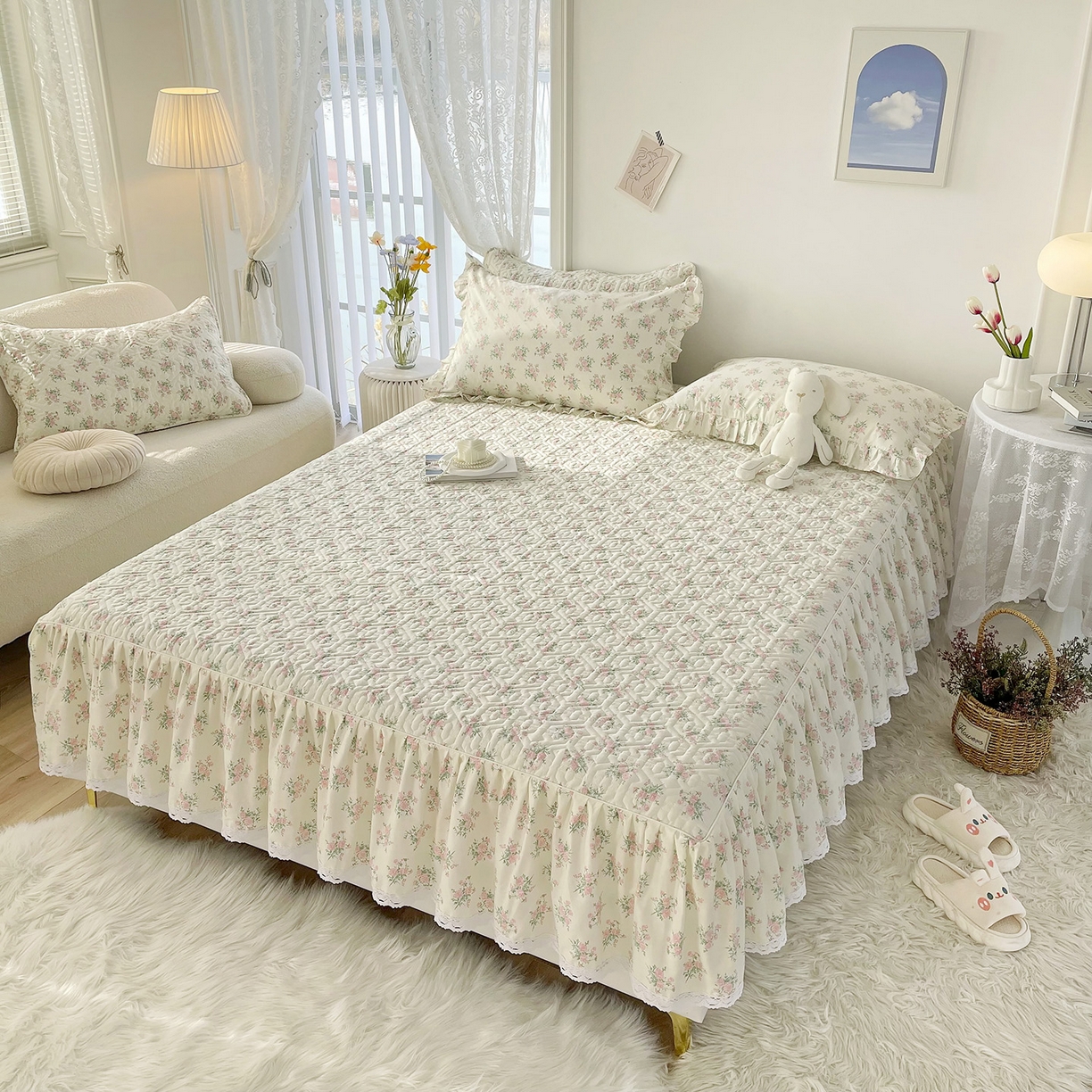 91家纺网 家纺一手货源 找家纺 忘忧草 2026新款13372全棉夹棉款床笠式床裙 9少女心