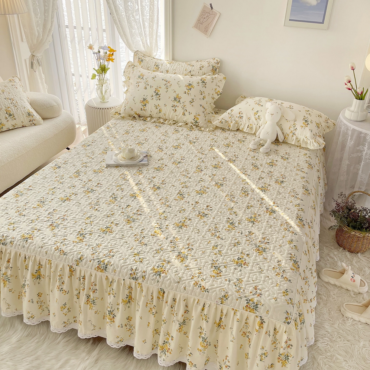 91家纺网 家纺一手货源 找家纺 忘忧草 2026新款13372全棉夹棉款床笠式床裙 10温迪