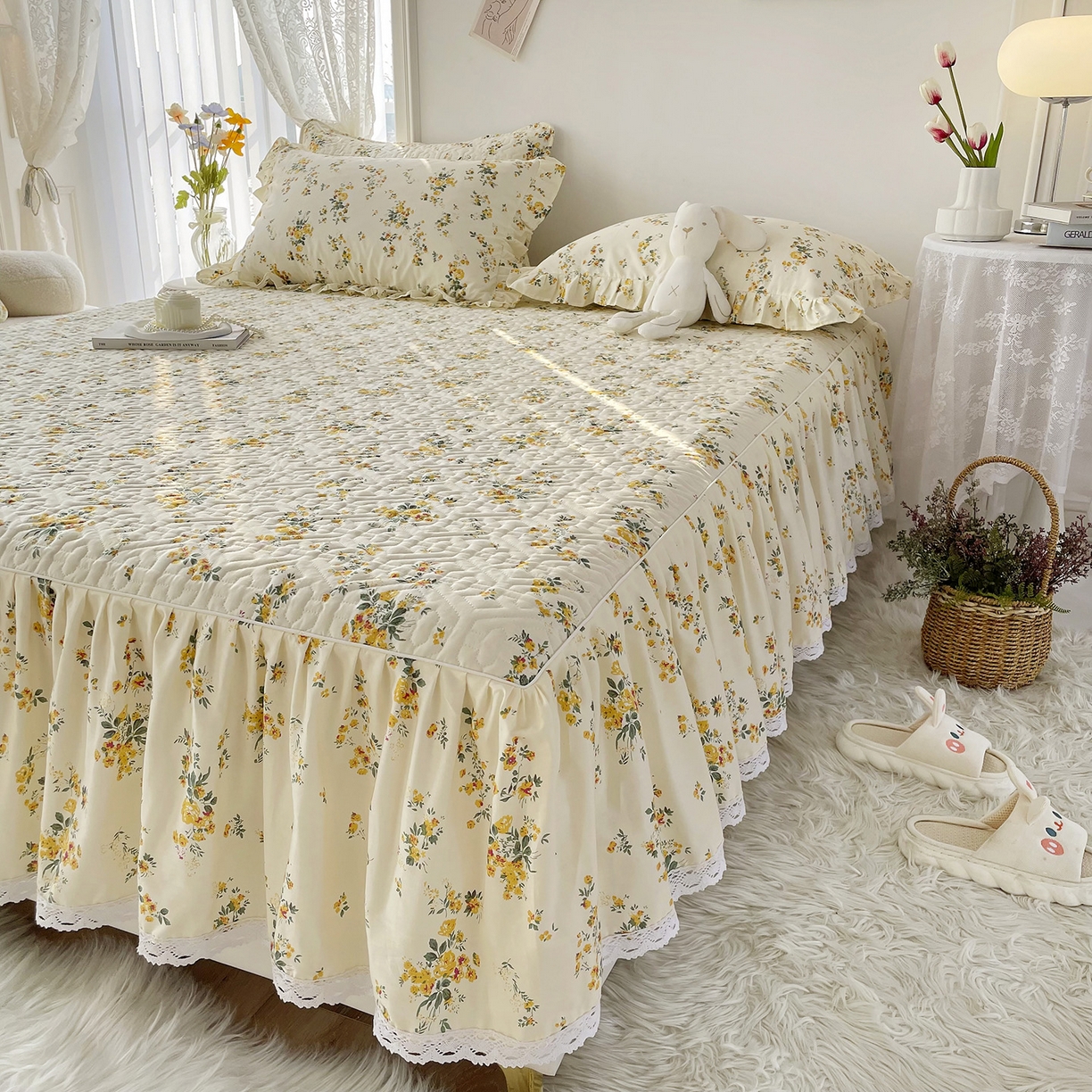 91家纺网 家纺一手货源 找家纺 忘忧草 2026新款13372全棉夹棉款床笠式床裙 10温迪