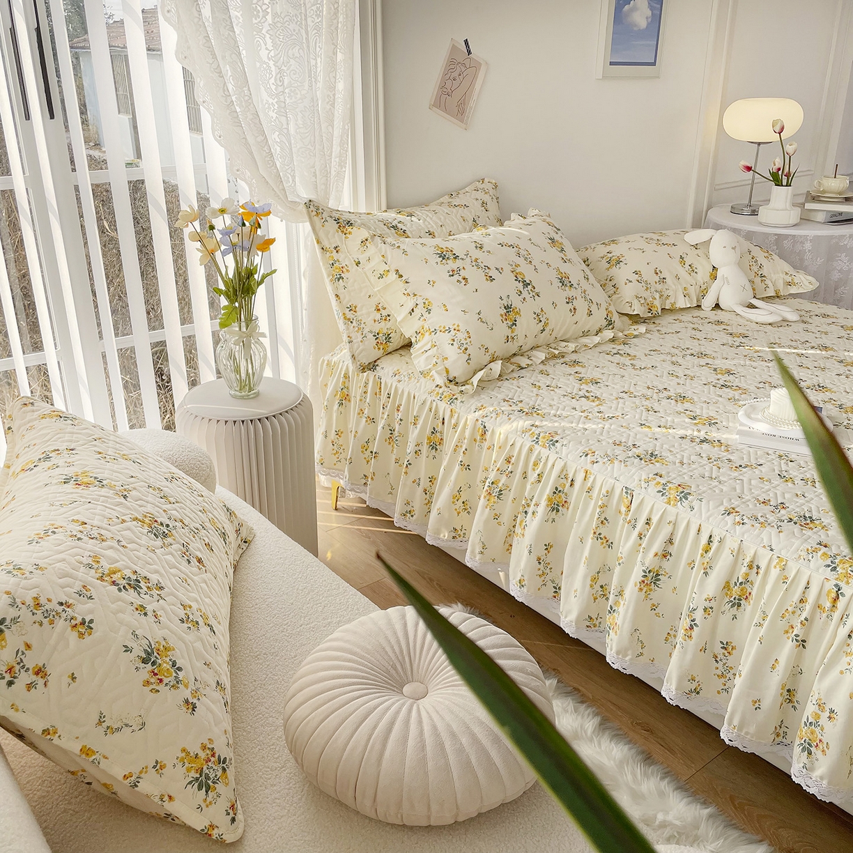 91家纺网 家纺一手货源 找家纺 忘忧草 2026新款13372全棉夹棉款床笠式床裙 10温迪