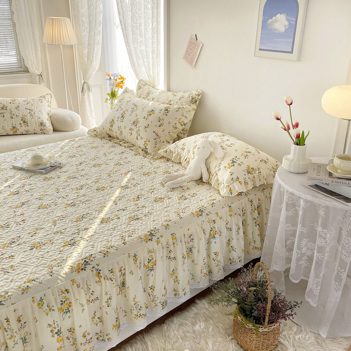 91家纺网 家纺一手货源 找家纺 忘忧草 2026新款13372全棉夹棉款床笠式床裙 10温迪