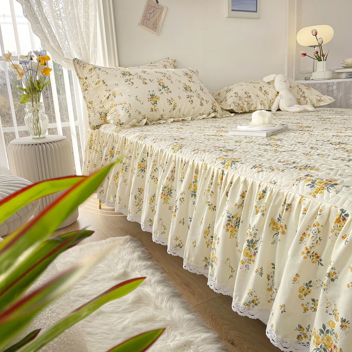 91家纺网 家纺一手货源 找家纺 忘忧草 2026新款13372全棉夹棉款床笠式床裙 10温迪