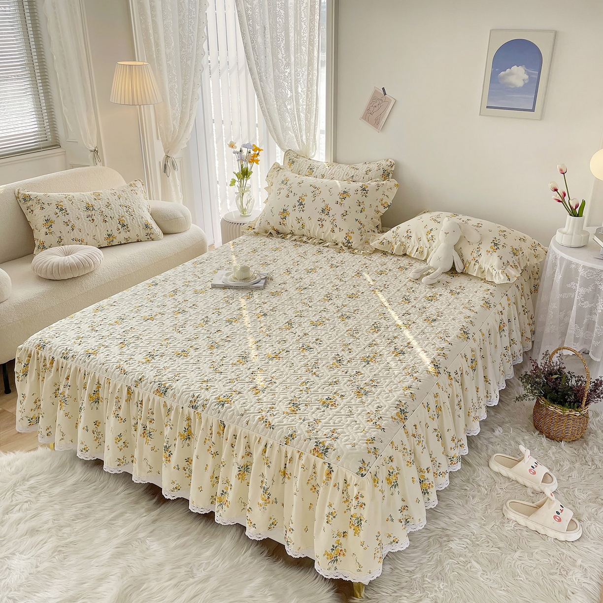 91家纺网 家纺一手货源 找家纺 忘忧草 2026新款13372全棉夹棉款床笠式床裙 10温迪