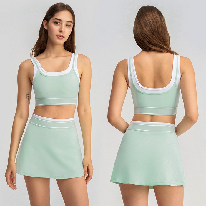 91家纺网 家纺一手货源 找家纺 （总）沐珩家纺 2026新款跨境新款假两件撞色白条吊带跑步运动内衣文胸网球短裙瑜伽服套装