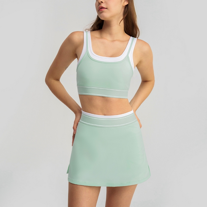 91家纺网 家纺一手货源 找家纺 （总）沐珩家纺 2026新款跨境新款假两件撞色白条吊带跑步运动内衣文胸网球短裙瑜伽服套装