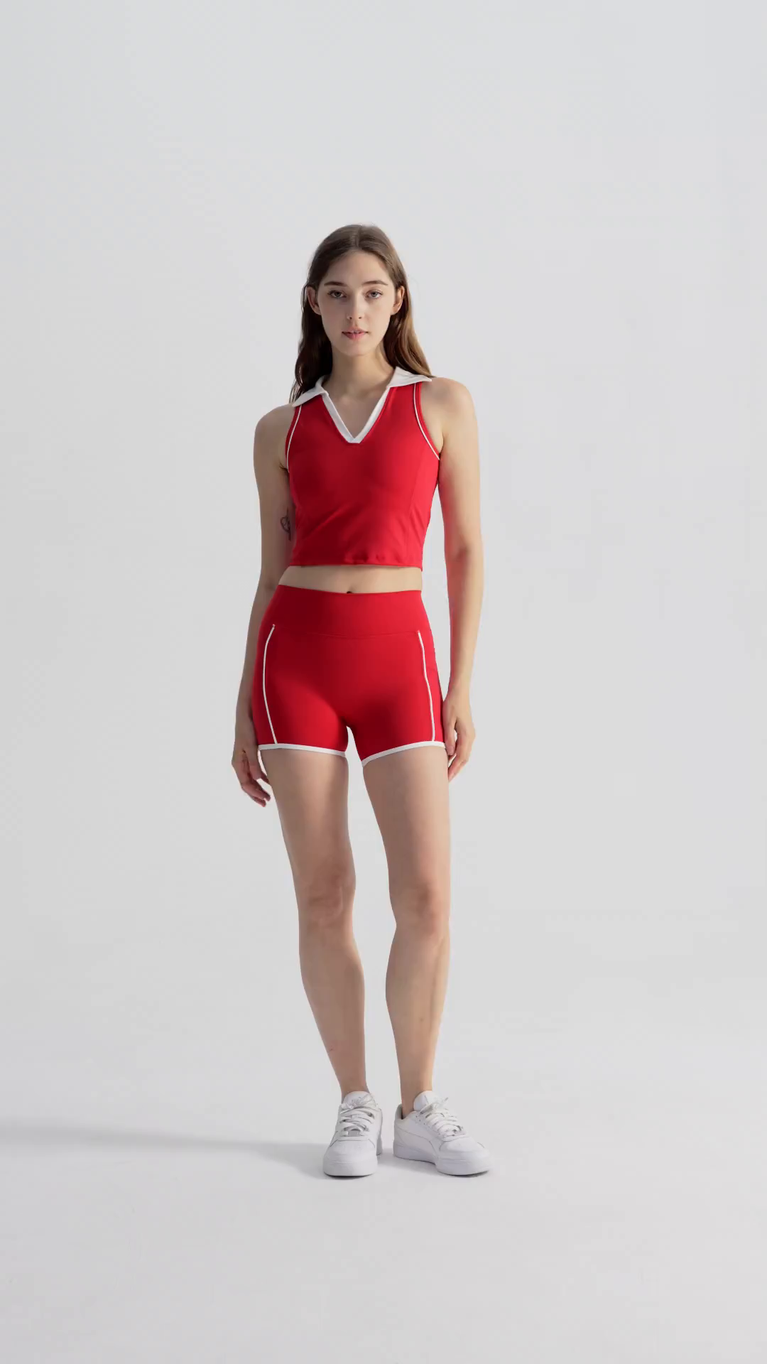 91家纺网 家纺一手货源 找家纺 （总）沐珩家纺 2026新款无袖跑步运动普拉提健身V领上衣背心服带胸垫撞色翻领瑜伽服套装