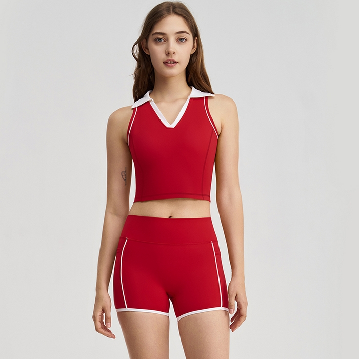 （总）沐珩家纺 2026新款无袖跑步运动普拉提健身V领上衣背心服带胸垫撞色翻领瑜伽服套装