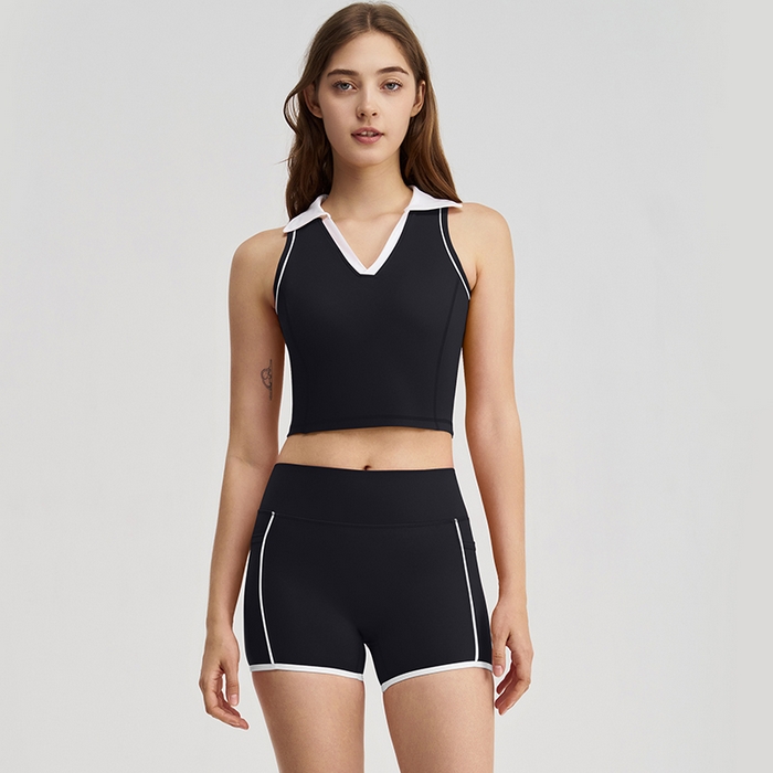 91家纺网 家纺一手货源 找家纺 （总）沐珩家纺 2026新款无袖跑步运动普拉提健身V领上衣背心服带胸垫撞色翻领瑜伽服套装