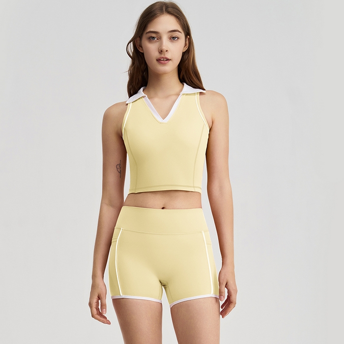 91家纺网 家纺一手货源 找家纺 （总）沐珩家纺 2026新款无袖跑步运动普拉提健身V领上衣背心服带胸垫撞色翻领瑜伽服套装
