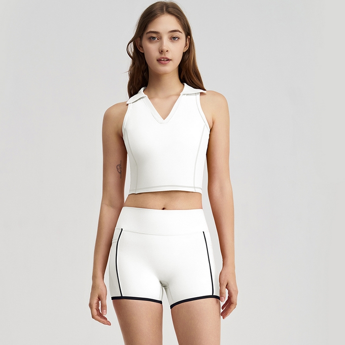 91家纺网 家纺一手货源 找家纺 （总）沐珩家纺 2026新款无袖跑步运动普拉提健身V领上衣背心服带胸垫撞色翻领瑜伽服套装