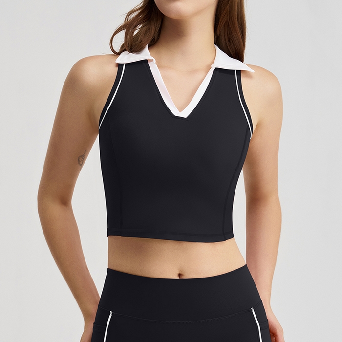 91家纺网 家纺一手货源 找家纺 （总）沐珩家纺 2026新款无袖跑步运动普拉提健身V领上衣背心服带胸垫撞色翻领瑜伽服套装