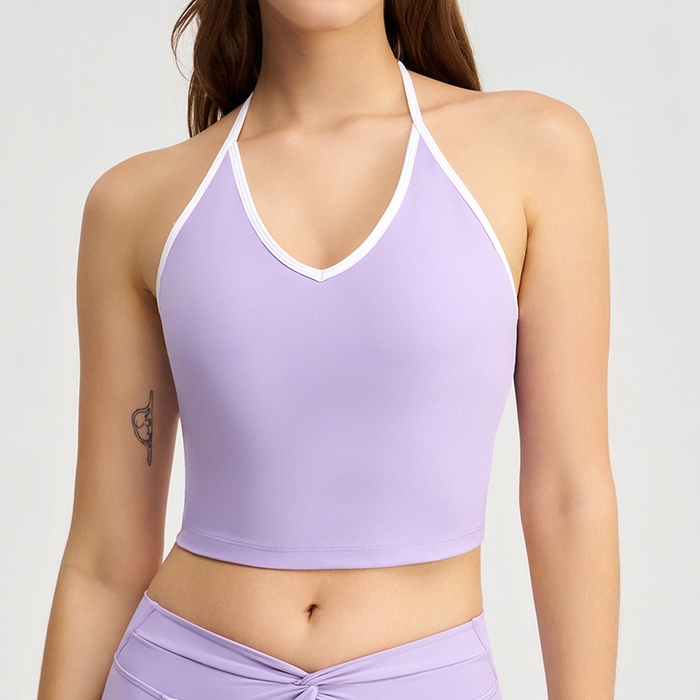 91家纺网 家纺一手货源 找家纺 （总）沐珩家纺 2026新款健身上衣吊带细肩带撞色白条带胸垫挂脖运动内衣文胸背心瑜伽套装