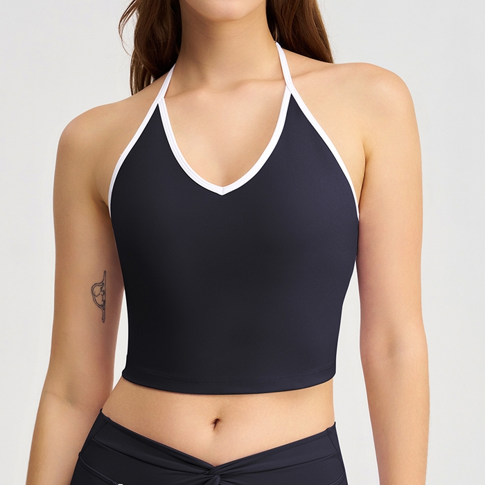 91家纺网 家纺一手货源 找家纺 （总）沐珩家纺 2026新款健身上衣吊带细肩带撞色白条带胸垫挂脖运动内衣文胸背心瑜伽套装