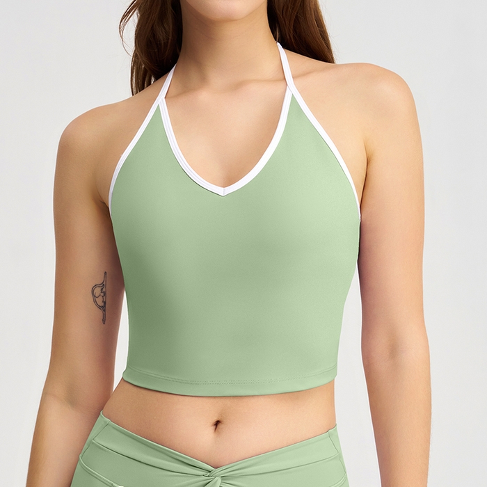 91家纺网 家纺一手货源 找家纺 （总）沐珩家纺 2026新款健身上衣吊带细肩带撞色白条带胸垫挂脖运动内衣文胸背心瑜伽套装