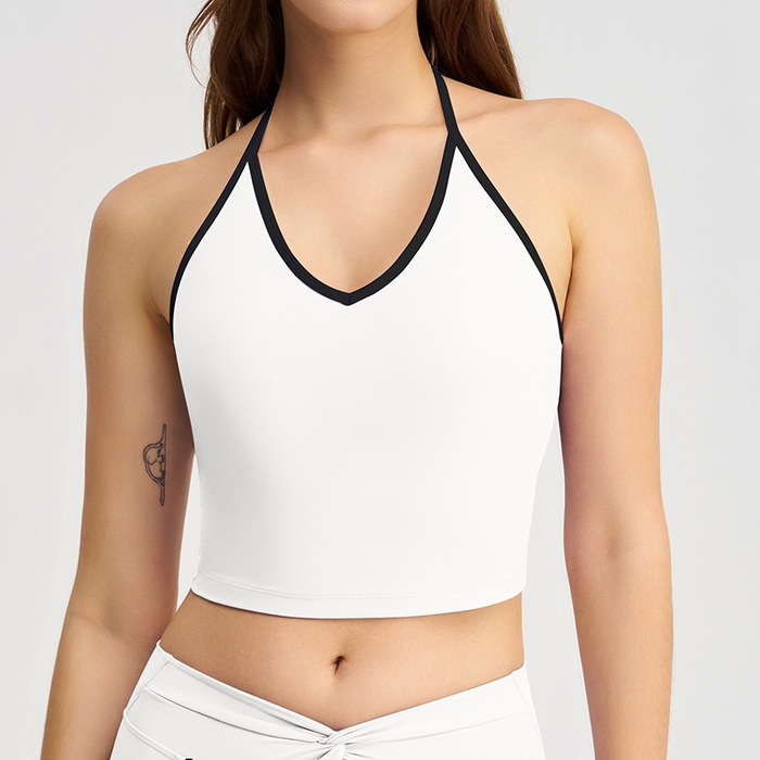 91家纺网 家纺一手货源 找家纺 （总）沐珩家纺 2026新款健身上衣吊带细肩带撞色白条带胸垫挂脖运动内衣文胸背心瑜伽套装