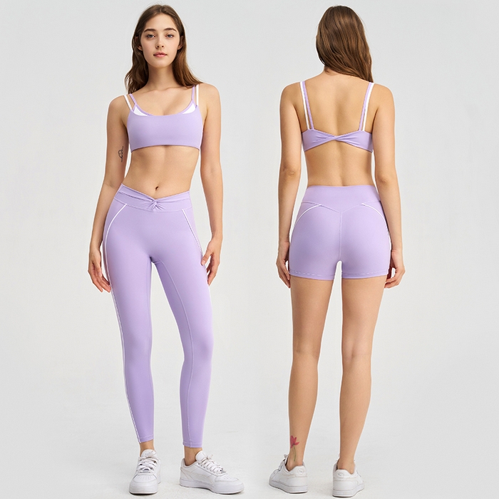 91家纺网 家纺一手货源 找家纺 （总）沐珩家纺 2026新款跨境撞色白条假两件跑步长裤短裤扭结挂脖运动内衣文胸瑜伽服套女