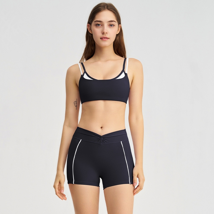 91家纺网 家纺一手货源 找家纺 （总）沐珩家纺 2026新款跨境撞色白条假两件跑步长裤短裤扭结挂脖运动内衣文胸瑜伽服套女