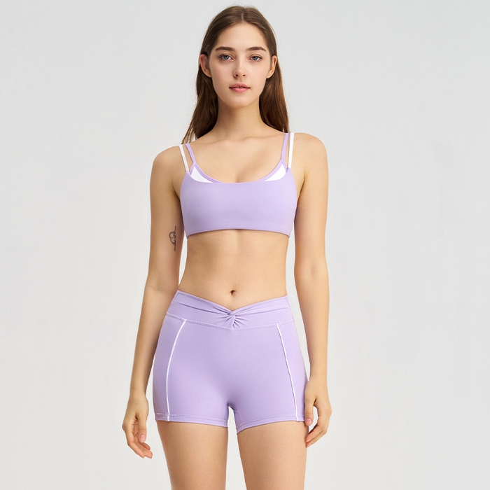 91家纺网 家纺一手货源 找家纺 （总）沐珩家纺 2026新款跨境撞色白条假两件跑步长裤短裤扭结挂脖运动内衣文胸瑜伽服套女