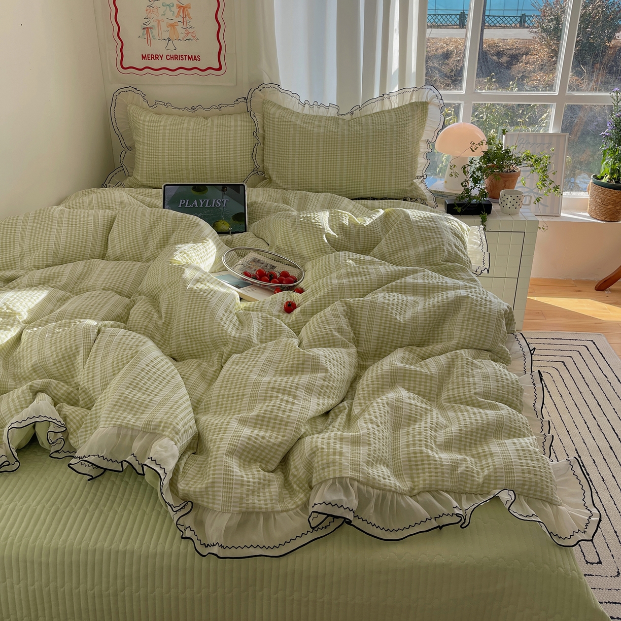（总）首尔家纺 2026春夏新款小清新色织提花格子花边款床单床盖款四件套蜜格系列