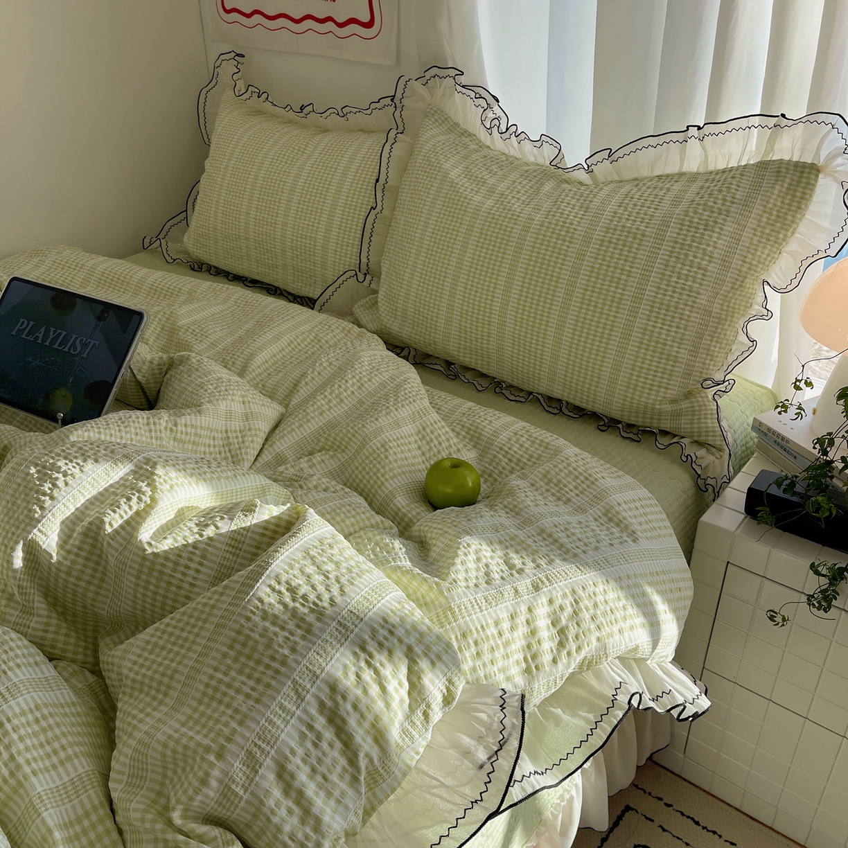 91家纺网 家纺一手货源 找家纺 （总）首尔家纺 2026春夏新款小清新色织提花格子花边款床单床盖款四件套蜜格系列