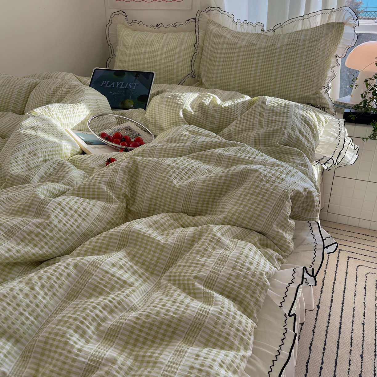 91家纺网 家纺一手货源 找家纺 （总）首尔家纺 2026春夏新款小清新色织提花格子花边款床单床盖款四件套蜜格系列