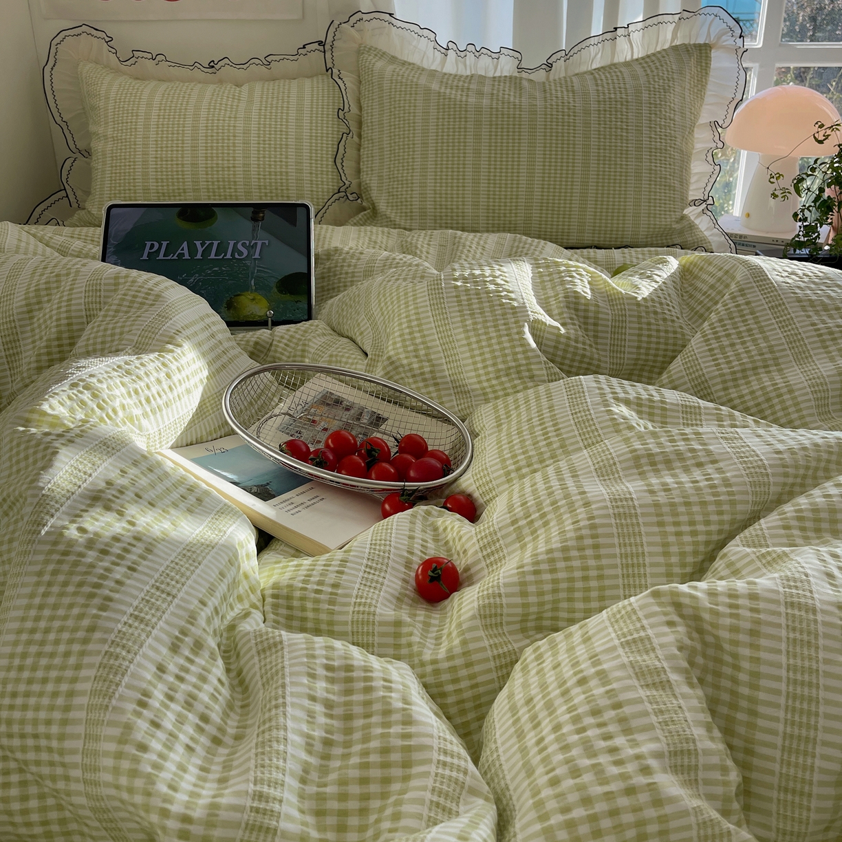 91家纺网 家纺一手货源 找家纺 （总）首尔家纺 2026春夏新款小清新色织提花格子花边款床单床盖款四件套蜜格系列