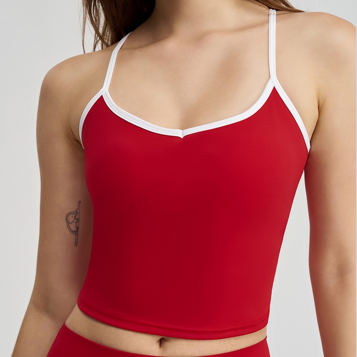 91家纺网 家纺一手货源 找家纺 （总）沐珩家纺 2026新款健身上衣吊带性感细肩带撞色白条挂脖运动内衣文胸背心瑜伽套装女