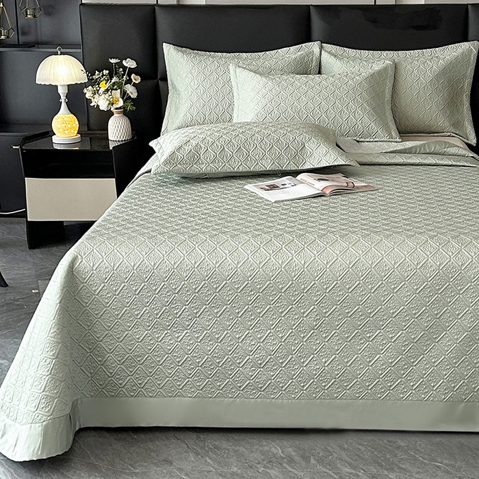 91家纺网 家纺一手货源 找家纺 欧夏家纺 2026新款欧式夏季凉感莱赛尔天丝床盖三件套夹棉床盖床褥直播供货 水波蓝