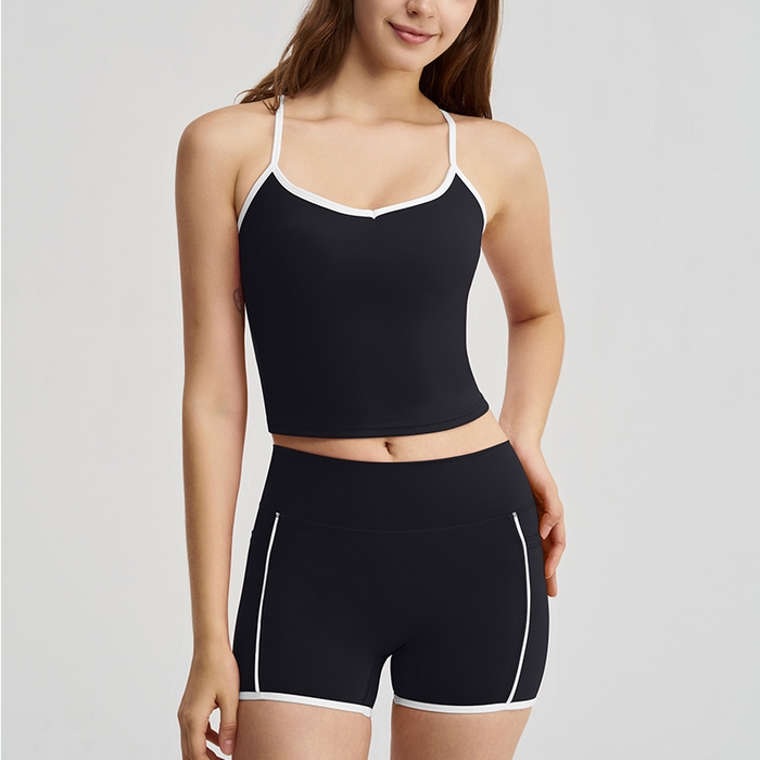 91家纺网 家纺一手货源 找家纺 （总）沐珩家纺 2026新款健身上衣吊带性感细肩带撞色白条挂脖运动内衣文胸背心瑜伽套装女