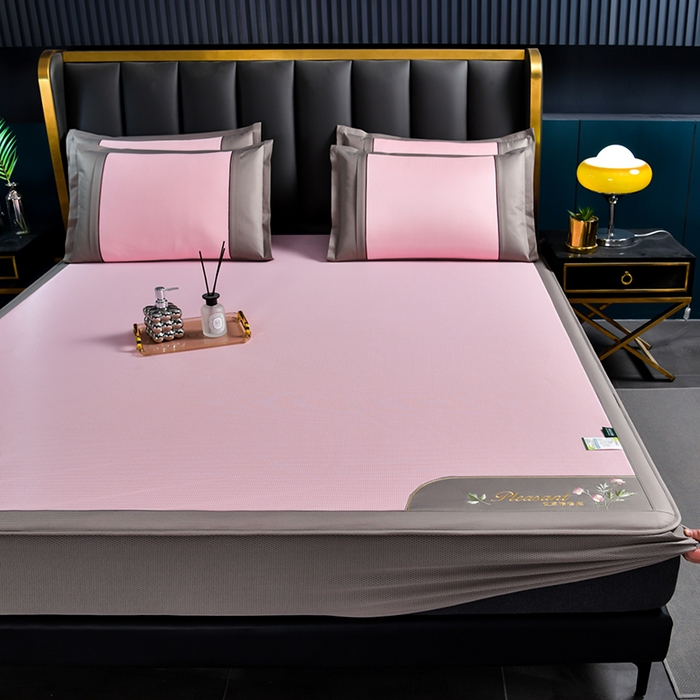 小牛席业 2026新款艾草清香冰丝席（床笠款）凉席藤席冰藤席冰丝席竹席草席空调席乳胶席豆豆席 艾草清香冰丝席（床笠款）-粉色