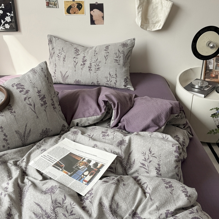 雅阁尔家纺 2026新款轻奢复古美拉德风泡芙棉四件套水洗棉双层纱床单被套学生宿舍三件套床笠款 紫苏