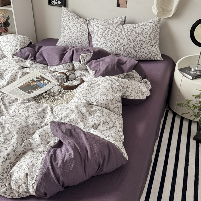 91家纺网 家纺一手货源 找家纺 雅阁尔家纺 2026新款轻奢复古美拉德风泡芙棉四件套水洗棉双层纱床单被套学生宿舍三件套床笠款 春风拂梦