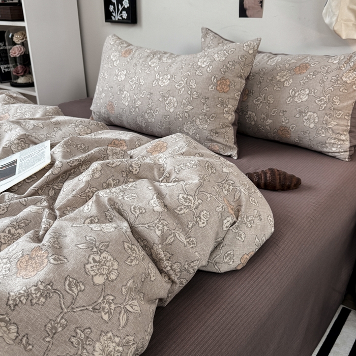 91家纺网 家纺一手货源 找家纺 雅阁尔家纺 2026新款轻奢复古美拉德风泡芙棉四件套水洗棉双层纱床单被套学生宿舍三件套床笠款 风华若诗