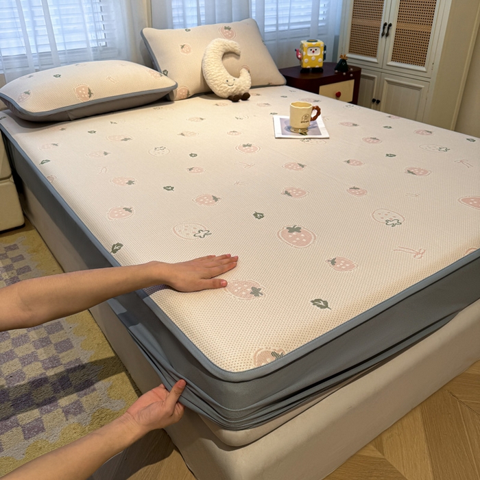 凯罗 2026新款卡通实拍小红书爆款凉豆豆绣花凉席床笠可水洗床笠席子 波点草莓-粉