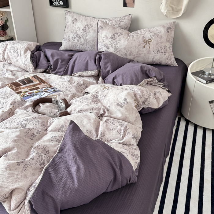 91家纺网 家纺一手货源 找家纺 雅阁尔家纺 2026新款轻奢复古美拉德风泡芙棉四件套水洗棉双层纱床单被套学生宿舍三件套床笠款 花姿