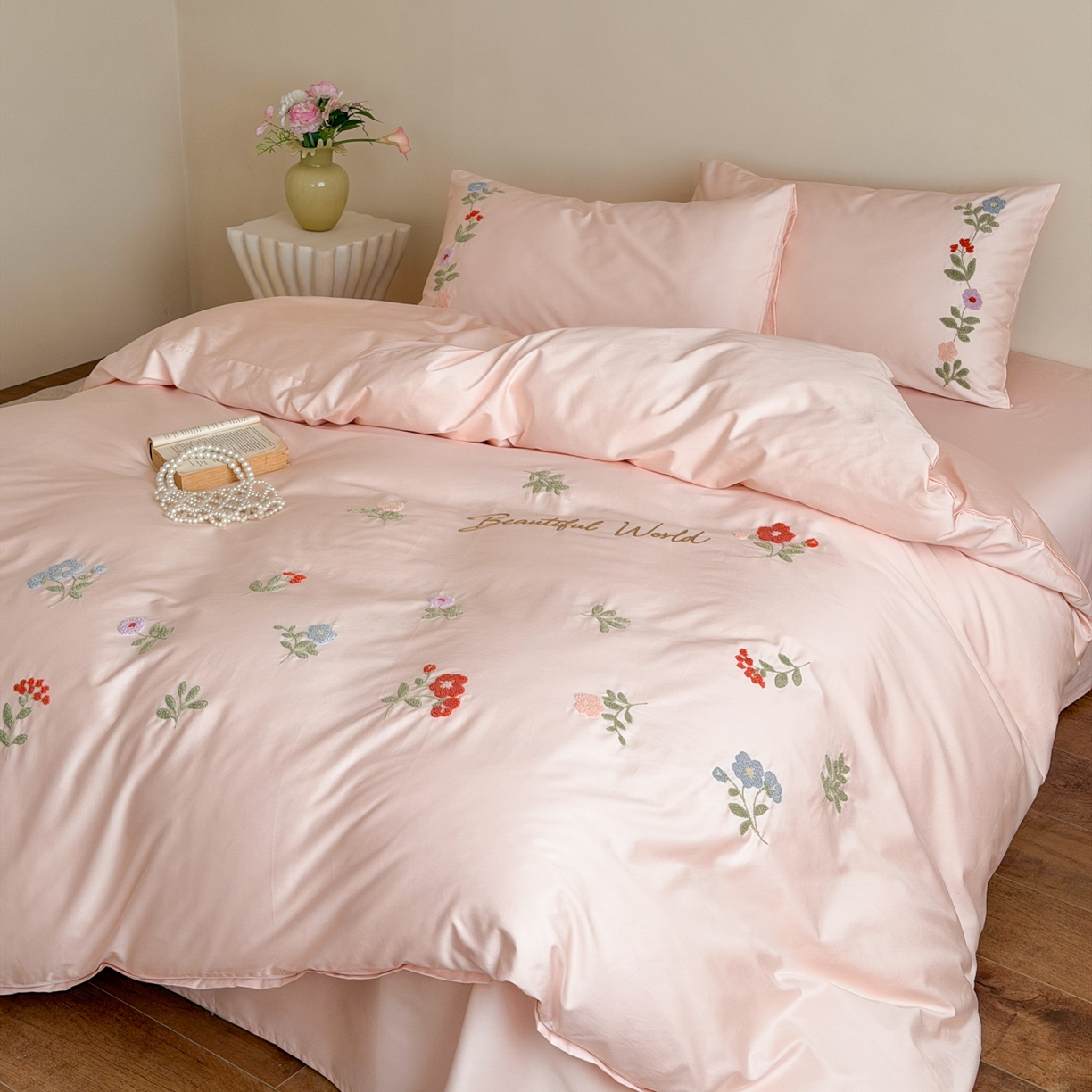 优彩 2026春夏新款A类100支长绒棉毛巾绣四件套系列 醉花阴-粉