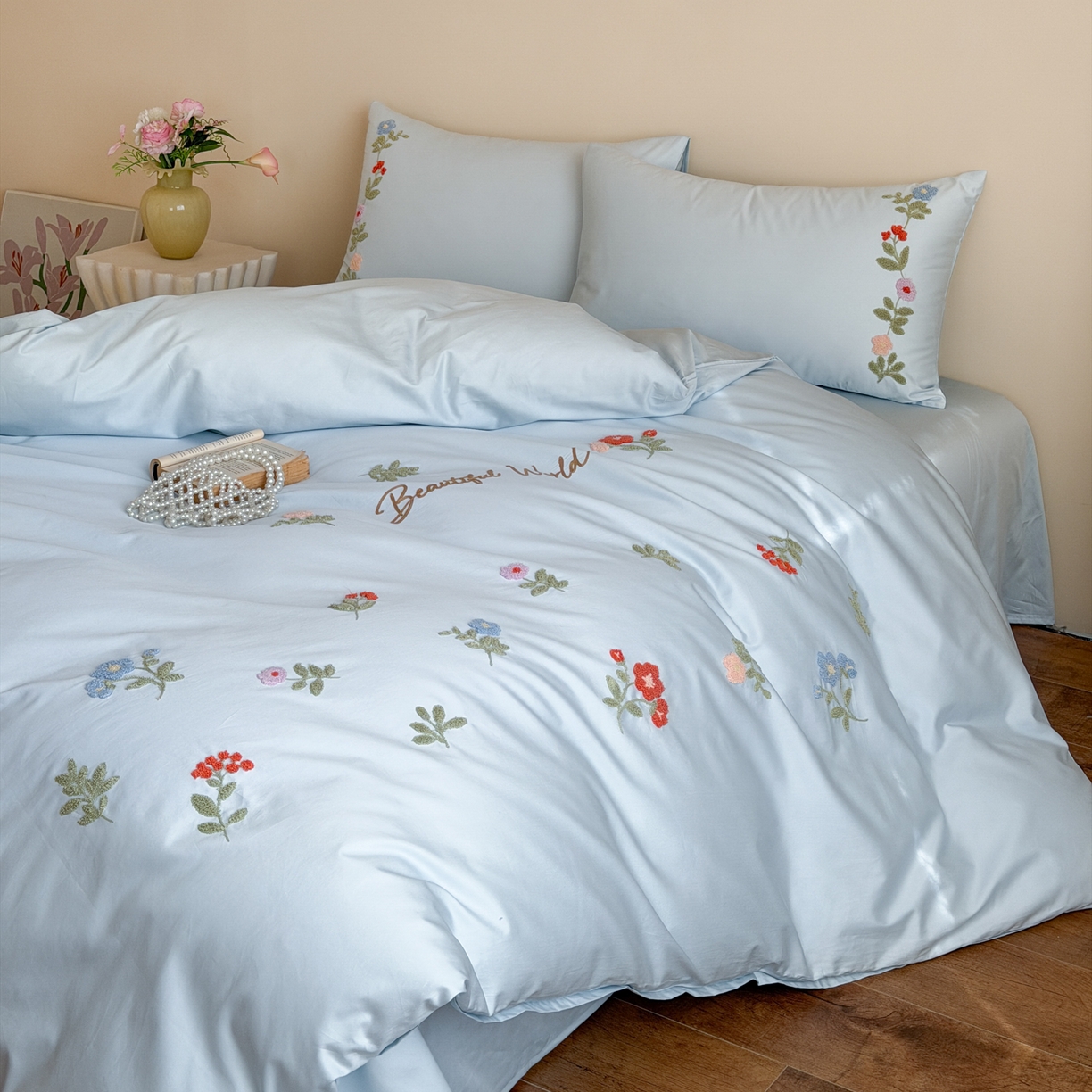 优彩 2026春夏新款A类100支长绒棉毛巾绣四件套系列 醉花阴-蓝